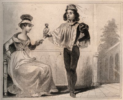 يوحنا الثاني ملك فالوا ، دوق آلانكون (1409-1476) مع ماري دي فايل. نقش من 1859 في "" لوموند. تاريخ جميع الشعوب من أبعد الأوقات حتى يومنا هذا ". بواسطة ME de Lostalot-Bachoue (Lostalot Bachoue). مجموعة خاصة. بواسطة مجهول مجهول