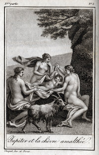 طفل المشتري يتغذى على العنزة أمالثي. نقش من عام 1819 في "Lettres a Emilie sur la mythologie" لتشارلز ألبرت ديموستييه (1760-1801). مجموعة خاصة. بواسطة مجهول مجهول