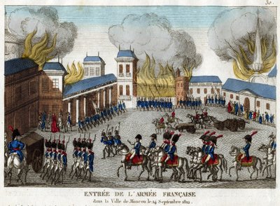 استيلاء جيش نابليون الأول على موسكو في 14 سبتمبر 1812 - الجيش الكبير يدخل مدينة موسكو - مجهول - 1812 - حفر ، ألوان مائية - 23.4 × 28.6 - مجموعة خاصة بواسطة مجهول مجهول