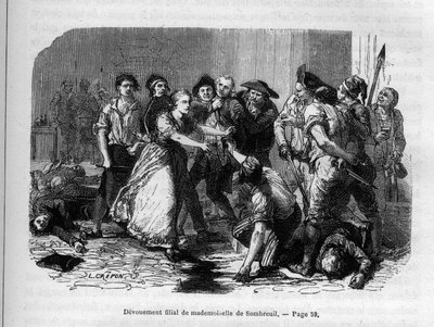 Le Devouement de Madame de Sombreuil - Melle (Mademoiselle) (Marie) de Sombreuil (1774-1823) بطلة الثورة - نقش في "Histoire des Girondins" للفونس دي لامارتين (1790-1869) 1865-1866. مجموعة خاصة بواسطة مجهول مجهول