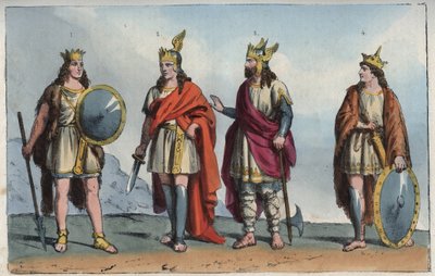 Les Merovingiens - سلالة Merovingian - Pharamond أو Faramund (- Chlodio (Clodius ، Clodion ، Cloio أو Chlogio) (Clodion le Chevelu) (حوالي 390 - حوالي 450) - Merovech (Merovee أو Merowig ، حوالي 412-457) وكلوفيس (حوالي 466-511 "- نقش من Usi e Costumi  بواسطة مجهول مجهول
