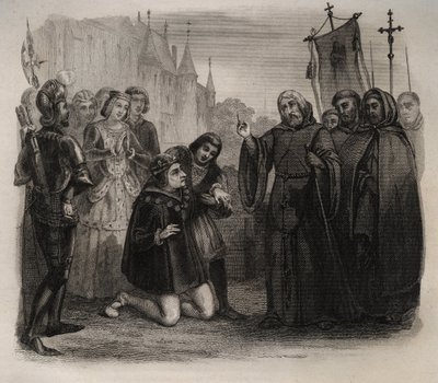 لويس الحادي عشر (1423-1483) يطلب من فرانسوا دي بول (1416-1507) نقش عام 1846 في "حياة القديسين" عن فرنسوا دي بول (1416-1507). مجموعة خاصة. بواسطة مجهول مجهول