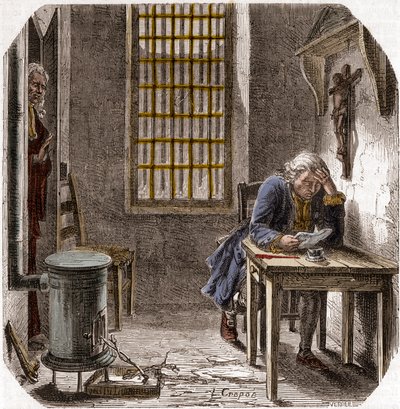 لويس السادس عشر (1754-93) يقرأ وصيته الأخيرة في المعبد 1792 - لويس السادس عشر يقرأ وصيته في برج المعبد في 25 ديسمبر 1792 - نقش في "Histoire des Girondins" لألفونس دي لامارتين (1790-1869) 1865-1866 - مجموعة خاصة بواسطة مجهول مجهول