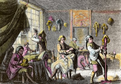 أزياء لويس الخامس عشر: منظر داخلي لمصفف شعر مستعار. نقش حوالي عام 1755. مجموعة خاصة بواسطة مجهول مجهول