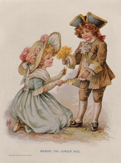 صنع كرة Cowslip ، رسم توضيحي للكتاب ، أوائل القرن العشرين (الطباعة الحجرية الملونة) بواسطة مجهول مجهول