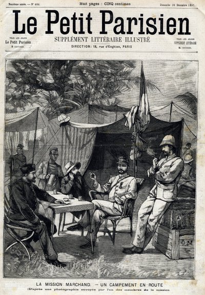 معسكر إرسالية مارشان: جان بابتيست (جان بابتيست) مارشان (1863-1934) ، الكابتن باراتيير على يساره والملازم فيكتور إيمانويل لارجو (1867-1916) والكابتن جيرمان على يمينه. في "" Le Peute Parisien "في 26/12/1897. مجموعة خاصة بواسطة مجهول مجهول
