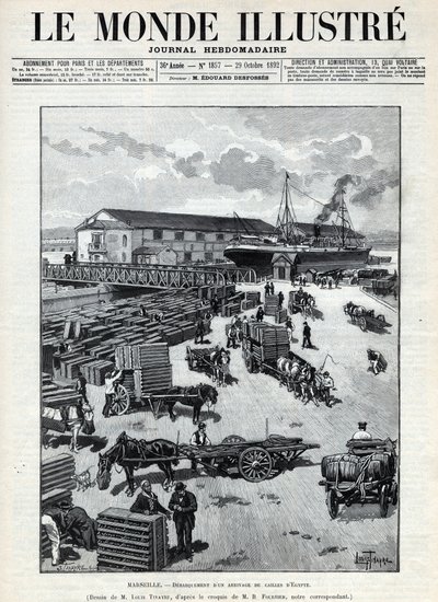 التجارة البحرية: نبح وصول طائر السمان من مصر إلى ميناء مرسيليا. جريدة. نقش في "Le monde illustree" عام 1892. مجموعة خاصة. بواسطة مجهول مجهول