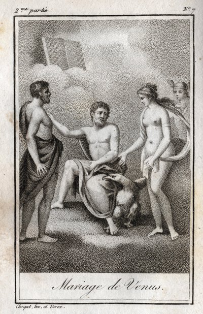 الزواج بين المريخ والزهرة. نقش من عام 1819 في "Lettres a Emilie sur la mythologie" لتشارلز ألبرت ديموستييه (1760-1801). مجموعة خاصة. بواسطة مجهول مجهول