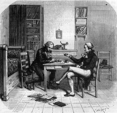 Maximilien de Robespierre 1758-1794 ، سياسي فرنسي ، عضو لجنة السلامة العامة مع موريس دوبلاي في غرفته - Chambre de Maximilien de Robespierre chez Maurice Duplay (1736-1820) شارع Saint-Honore في باريس - نقش في "Histoire des Gi بواسطة مجهول مجهول