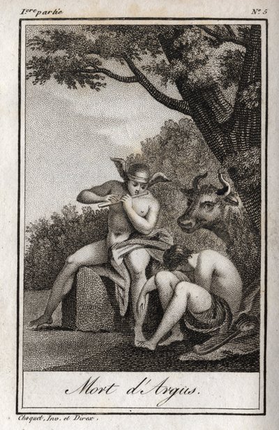 عطارد وأرجوس (عطارد وأرجوس). موت أرغوس: عزف عطارد على الفلوت ليغفو أرجوس ويحل الحورية آيو ، وتحولت إلى بقرة. نقش من عام 1819 في "Lettres a Emilie sur la mythologie" لتشارلز ألبرت ديموستييه (1760-1801). بواسطة مجهول مجهول