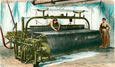 متير للنسيج الميكانيكي في مصنع كبير. نقش حوالي عام 1860. بواسطة مجهول مجهول