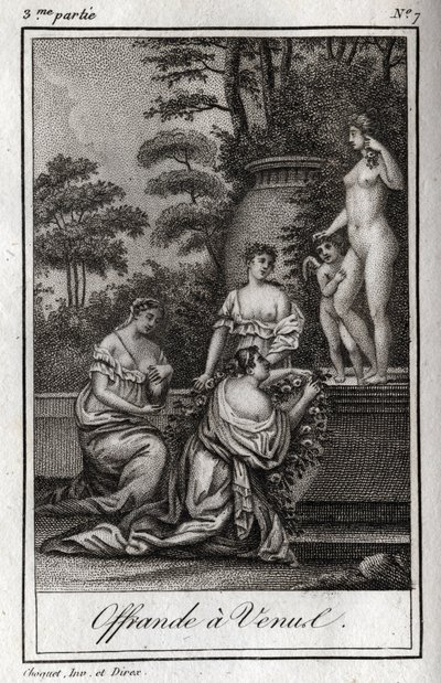 عرض على فينوس. يجتمع المحبون الصغار (Angelots) للإشادة بالإلهة أفروديت. نقش من عام 1819 في "Lettres a Emilie sur la mythologie" لتشارلز ألبرت ديموستييه (1760-1801). مجموعة خاصة. بواسطة مجهول مجهول