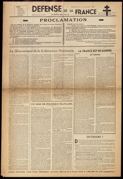 احدى الصحف السرية "Défense de France" بتاريخ 15/1/1944 بواسطة مجهول مجهول