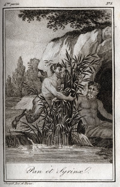 تحولت عموم والحورية Syrinx إلى القصب (Pan and Nymph Syrinx). نقش من عام 1819 في "Lettres a Emilie sur la mythologie" لتشارلز ألبرت ديموستييه (1760-1801). مجموعة خاصة. بواسطة مجهول مجهول