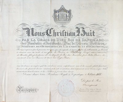 يعود جواز سفر ملك الدنمارك كريستيان الثامن إلى عام 1845. بواسطة مجهول مجهول