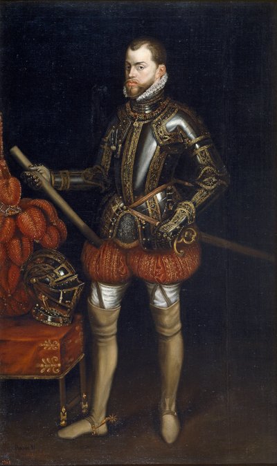 فيليب الثاني روا ديسباني - صورة فيليب الثاني (1527-1598) في درع من معركة سانت كوينتين par Anonymous ، أوائل القرن السابع عشر. - زيت على قماش ، 207x123 - متحف ديل برادو ، مدريد بواسطة مجهول مجهول