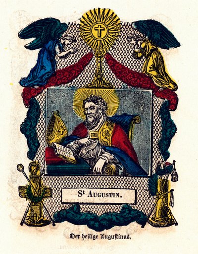 Pious image: Saint Augustine (Augustine of Hippo (354 - 430), eveque and doctor of the Church, author of the Rule of Saint Augustine and Confessions). Engraving of the 19th century Private Collection بواسطة مجهول مجهول