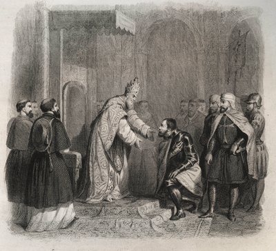 البابا القديس بيوس الخامس (بيوس أو بيو) (1566-1572) يستقبل الفائز في معركة ليبانت. نقش من عام 1846 في "" حياة القديسين ". مجموعة خاصة. بواسطة مجهول مجهول