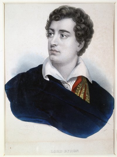 صورة للشاعر اللورد جورج نويل بايرون (1788-1824) (صورة للشاعر اللورد جن بايرون). طباعة حجرية مجهولة المصدر ، مُحسَّنة بالألوان المائية ، أوائل القرن التاسع عشر. الفن الإنجليزي والرومانسية. متحف بوشكين التذكاري ، سانت بطرسبرغ. بواسطة مجهول مجهول