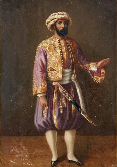 "صورة شخصية للملك السويدي تشارلز الخامس عشر (1826-1872) بالزي التركي" (صورة للملك السويدي تشارلز الخامس عشر بالزي التركي) لوحة مجهولة من القرن التاسع عشر قاتمة 28.5 × 20.5 سم مجموعة خاصة بواسطة مجهول مجهول