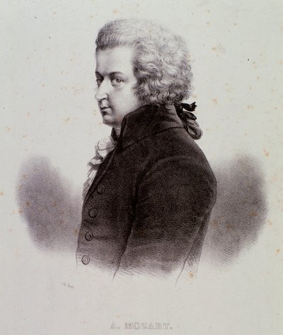 صورة للملحن النمساوي فولفجانج أماديوس موزارت (1756-1791) نقش. القرن ال 19. مجموعة خاصة Milanese بواسطة مجهول مجهول