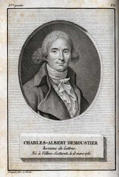 صورة للكاتب الفرنسي تشارلز ألبرت ديموستييه (1760-1801). نقش من عام 1819 في "Lettres a Emilie sur la mythologie" لتشارلز ألبرت ديموستييه (1760-1801). مجموعة خاصة. بواسطة مجهول مجهول