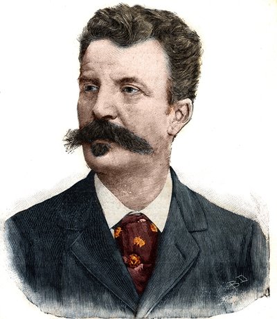 صورة لغي دي موباسان (1850-1893) الكاتب الفرنسي. نقش في "" Le Peute Parisien "" بواسطة مجهول مجهول