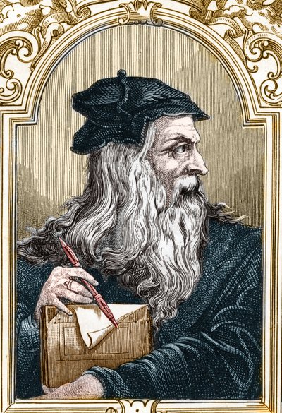 صورة ليونارد دي فينشي (ليوناردو دافنشي) (1452-1519). نقش عام 1859 في "" صالات عرض أوروبا - إيطاليا "" لأرمندود (نقش) بواسطة مجهول مجهول