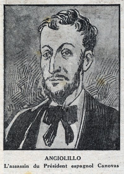 صورة ميشيل أنجيوليلو لومباردي ديت خوسيه سانتس أو رينالديني ، فوضوي إيطالي (1871-1897) قاتل رئيس المجلس الإسباني ، أنطونيو كانوفاس ديل كاستيلو (1828-1897). نقش في "مجلة L'illustrious du petit Journal" " بواسطة مجهول مجهول