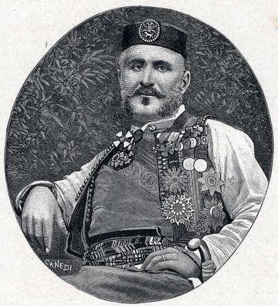صورة لنيكولا الأول ملك الجبل الأسود (نيكولا الأول بتروفيتش-نجيجوس) (بتروفيتش نجيجوس) (1841-1921) ، أمير الجبل الأسود وبيردا. نقش في "Les Missions Catholiques au XIXeme Siecle" للويس-يوجين (لويس يوجين) لوفيت. مجموعة خاصة. بواسطة مجهول مجهول