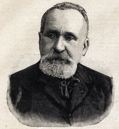 صورة لبيير بوفيس دي شافان (1824-1898) رسام فرنسي ، في ذلك الوقت رئيس Societe Nationale des Beaux Arts. نقش في "" Le Petro Parisien "" بواسطة مجهول مجهول