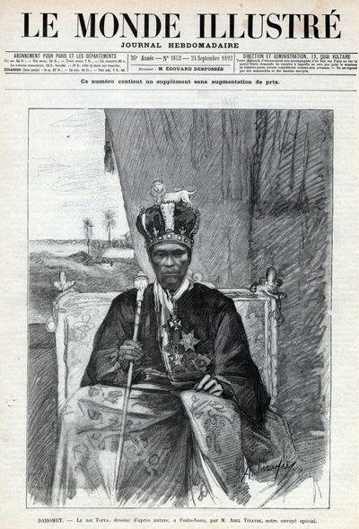 صورة توفا الأول (توفا) (حوالي 1850-1908) ، ملك داهومي (بنين) إلى بورتو نوفو (بورتو نوفو). جريدة. نقش في "Le monde illustree" عام 1892. مجموعة خاصة. بواسطة مجهول مجهول