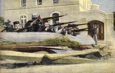 ثورة بروتوجيز: حاجز في شارع في لشبونة. نقش. احدى جريدة "Le petit parisien" بتاريخ 23/10/1910. مجموعة خاصة. بواسطة مجهول مجهول