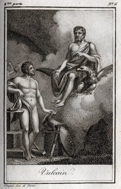 تمثيل فولكان إله النار والحدادة والبراكين. (فولكان إله النار والبراكين). نقش من عام 1819 في "Lettres a Emilie sur la mythologie" لتشارلز ألبرت ديموستييه (1760-1801). مجموعة خاصة. بواسطة مجهول مجهول