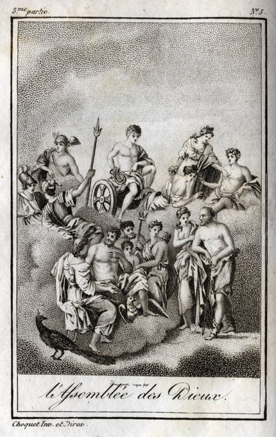 تمثيل جمعية الآلهة على جبل أوليمبوس أو اثني عشر لاعبًا أولمبيًا. نقش من عام 1819 في "Lettres a Emilie sur la mythologie" لتشارلز ألبرت ديموستييه (1760-1801). مجموعة خاصة. بواسطة مجهول مجهول