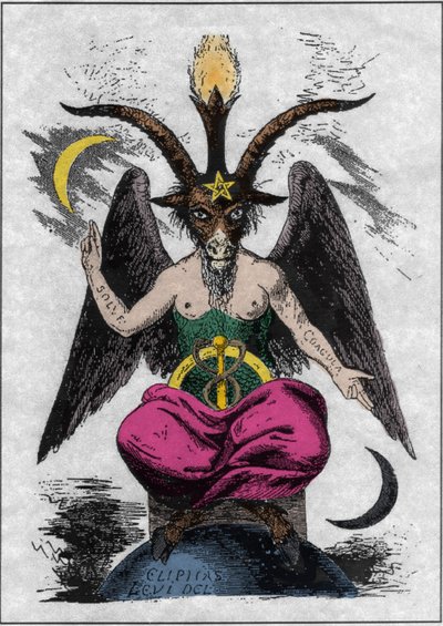 تمثيل Baphomet: وحش برأس ماعز وجسم امرأة مع اقتباسات كيميائية على الذراعين "حل" و "coagula" ، نفضي بين الساقين ونجمة خماسية على الجبهة. شيطان إليفاس ليفي (ألفونس لويس (ألفونس لو بواسطة مجهول مجهول