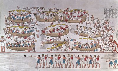 Representation of the Battle of the Nile Delta between the Armees of Ramses III and the Peoples of the Sea” From a relief to the funeral temple of Medinet Habou, Egypt بواسطة مجهول مجهول