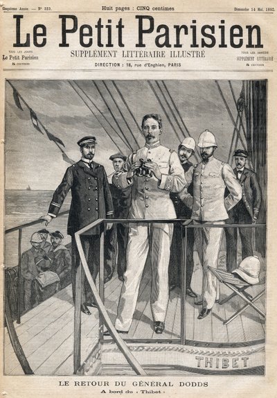 عودة الجنرال ألفريد دودز (1842-1922) من رحلة داهوميت على متن تيبت. احدى جريدة Le Petit Parisien بتاريخ 14/5/1893. بواسطة مجهول مجهول