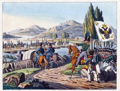 يعبر الجيش الروسي نهر بروث إلى مولدافيا في مايو 1828 - مجهول - 1829 - حفر ، ألوان مائية - 37،9 × 24،4 - مجموعة خاصة بواسطة مجهول مجهول