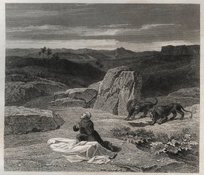 القديس أنتوني آبي (القديس أنطونيوس الكبير (250 / 251-356) (أو القديس أنطوني الناسك) دفن القديس بولس في طيبة في الصحراء ، نقش من عام 1846 في "" حياة القديسين "، مجموعة خاصة. بواسطة مجهول مجهول