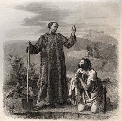 القديس بنديكت نورسيا يرحب بتوتيلا (القرن السادس) ملك القوط الشرقيين. نقش من عام 1846 في "" حياة القديسين ". مجموعة خاصة. بواسطة مجهول مجهول