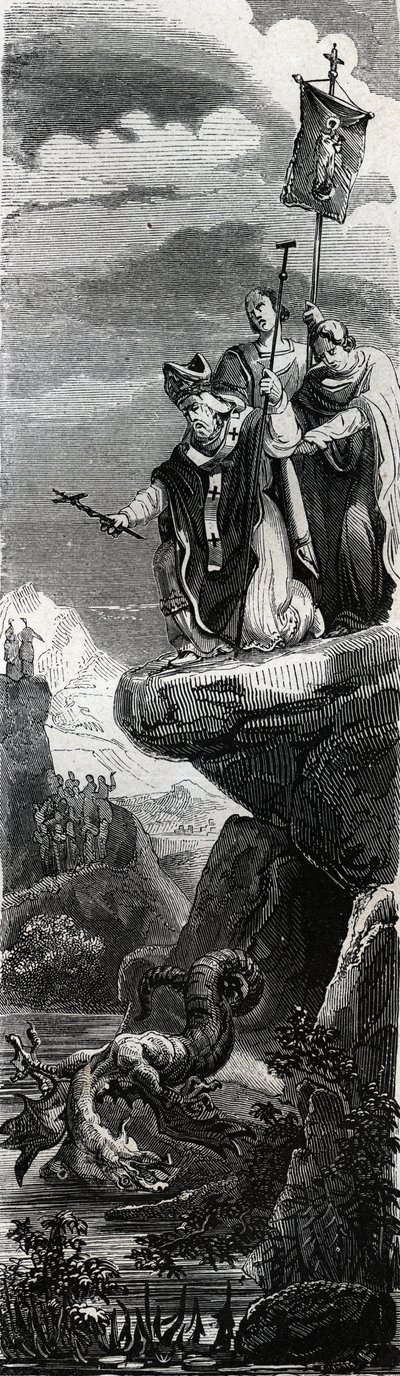 سانت فرونت (أول مبشر للبيريجورد) (القرن الثالث) ترسيخ التنين في دوردوني - نقش عام 1846 في "" حياة القديسين "" ". مجموعة خاصة. بواسطة مجهول مجهول