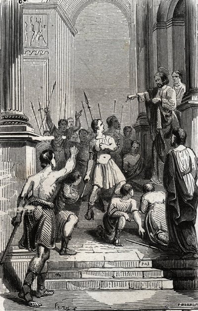 توقف ساتورنين في تولوز (القديسة سيرنين ، أول إيفيك مسيحي في تولوز) (القرن الثالث) في مبنى الكابيتول في تولوز - نقش عام 1846 في "حياة القديسين". مجموعة خاصة. بواسطة مجهول مجهول