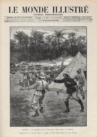 حرب داهومي الثانية (1892-1894): وفاة القائد الفرنسي فوراكس أثناء معركة دوجبا في 19 سبتمبر 1892 في داهومي (بنين حاليًا). جريدة. نقش في "Le monde illustree" عام 1892. مجموعة خاصة. بواسطة مجهول مجهول