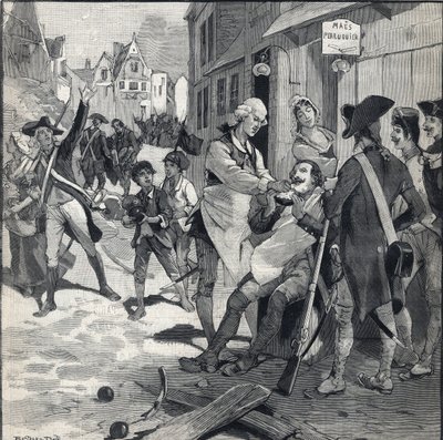 حصار ليل عام 1792: شعر مستعار مايس باستخدام أداة تحطيم قنبلة كطبق لحية لحلق العميل. نقش في "Le petit parisien" بتاريخ 16/10/1892. مجموعة خاصة بواسطة مجهول مجهول