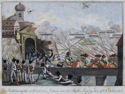 اقتحام قوات الحلفاء لمدينة لايبزيغ - bataille de Leipzig ou bataille des Nations (16-19 sctobre 1813) - مجهول - 1813 - حفر ، ألوان مائية - 33،3x27 - مجموعة خاصة بواسطة مجهول مجهول