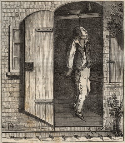 انتحار في سجن روشفورت عام 1840. نقش في "تاريخ المدانين منذ إنشائهم حتى يومنا هذا" (1877) لبيير زكون (1817-1895) (كولونيا بينالي - مستعمرة جزائية). مجموعة خاصة. بواسطة مجهول مجهول
