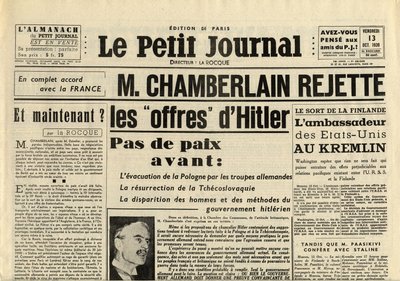 سميتل جورنال الجمعة 13 أكتوبر 1939 نيفيل شامبرلين (1869-1940) رفض عروض أدولف هتلر بواسطة مجهول مجهول