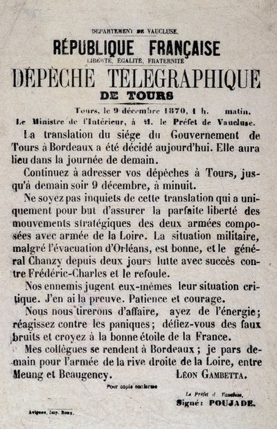 الأخبار البرقية من جولات 9/12/1870 بواسطة ليون غامبيتا. بواسطة مجهول مجهول