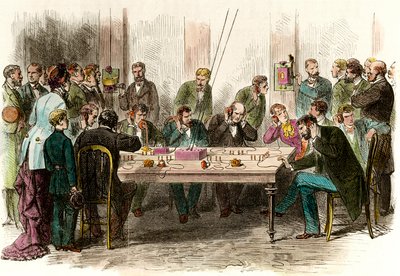 تجربة الاتصال الهاتفي في غرفة الانتظار بمحطة Saint Lazare (Saint-Lazare) في باريس بتاريخ 6/9/1879. نقش مجموعة خاصة من القرن التاسع عشر بواسطة مجهول مجهول